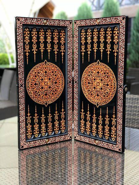 Luxury black acrylic stone backgammon, carved "Carved Gold Lion" on top, game board