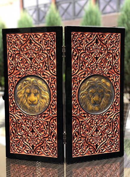 Luxury black acrylic stone backgammon, carved "Carved Gold Lion" on top, game board