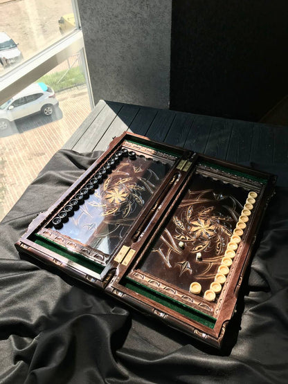 Handmade wooden backgammon with glass board, carved backgammon