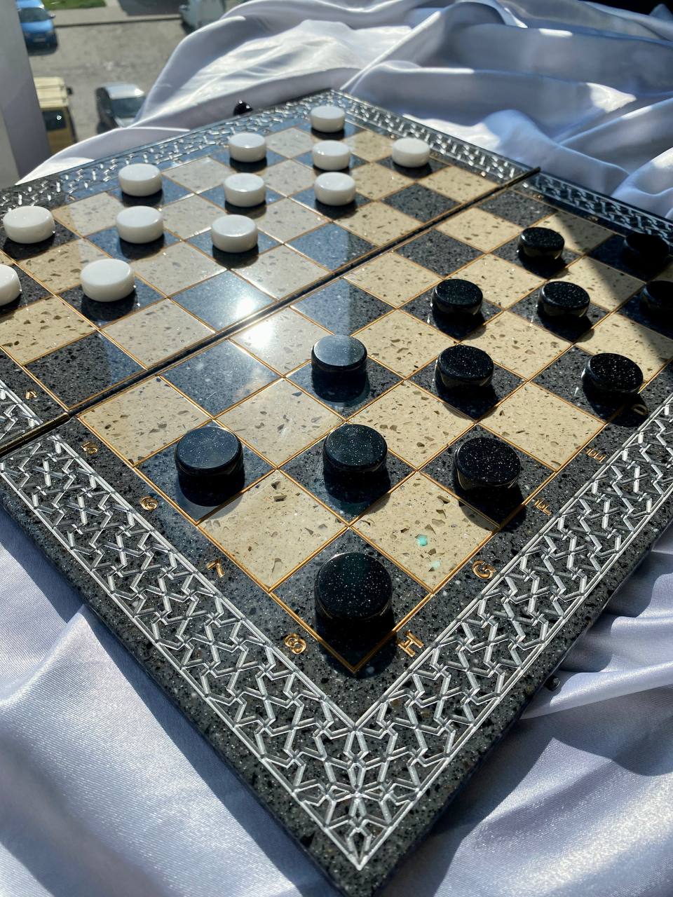 Luxury  grey acrylic stone chess set 47×23 cm,  stone chess board, limited