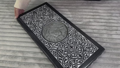 Luxury black acrylic stone backgammon "Silver Lion" 58×28cm, Light version, stone board Gift-ready