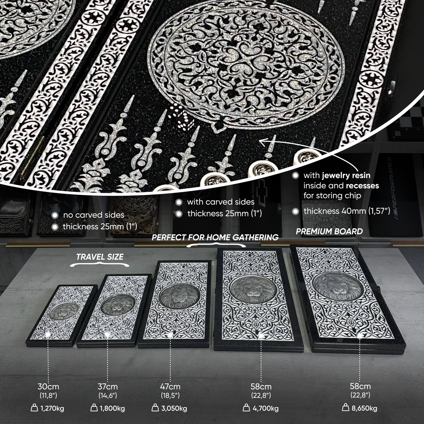 Luxury black acrylic stone backgammon MINI "Silver Lion" 30*15cm Travel size, Light version, stone board Gift-ready