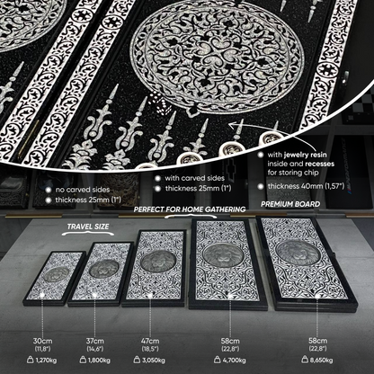 Luxury black acrylic stone backgammon MINI "Silver Lion" 30*15cm Travel size, Light version, stone board Gift-ready