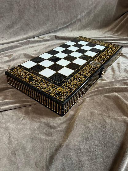 Luxury black acrylic stone chess set, stone chess board, limited, luxury chess pieces, gift for couple