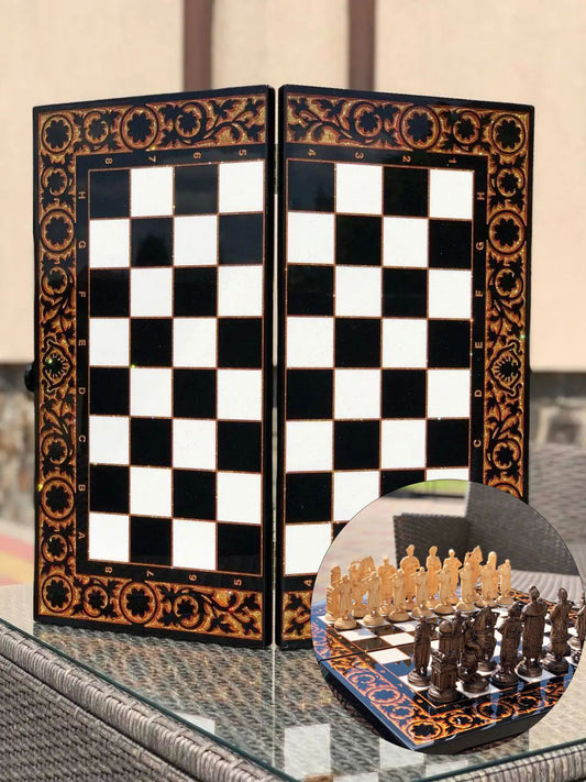 Luxury black acrylic stone chess set 3in1 - backgammon, chess&checkers, limited