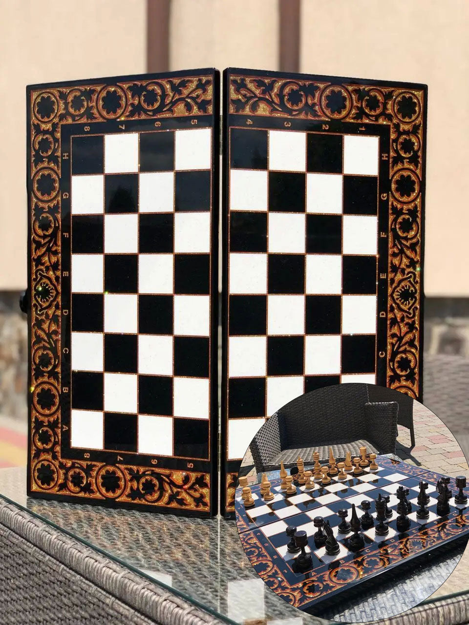 Luxury black acrylic stone chess set 3in1 - backgammon, chess&checkers, limited