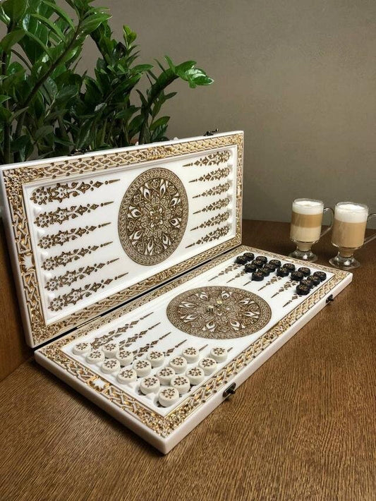 Luxury white acrylic stone backgammon "Pattern" 60×30cm, stone backgammon