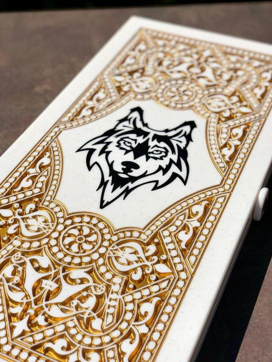 Luxury white acrylic stone backgammon "Wolf" 60×30cm, marble backgammon