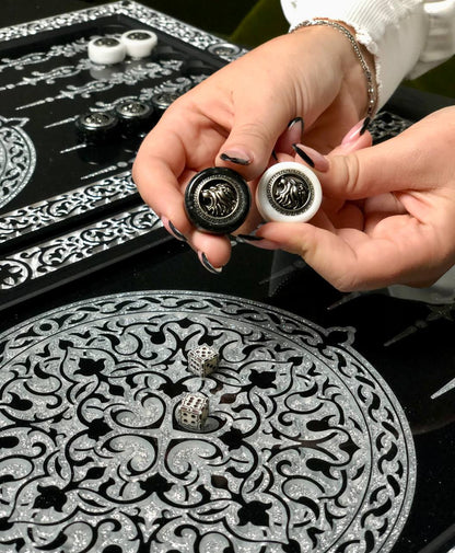 Luxury black acrylic stone backgammon "Silver Lion" 58×28cm, stone board Gift-ready