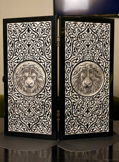 Backgammon de piedra acrílica negra de lujo "Silver Lion" 60×30cm, tablero de piedra