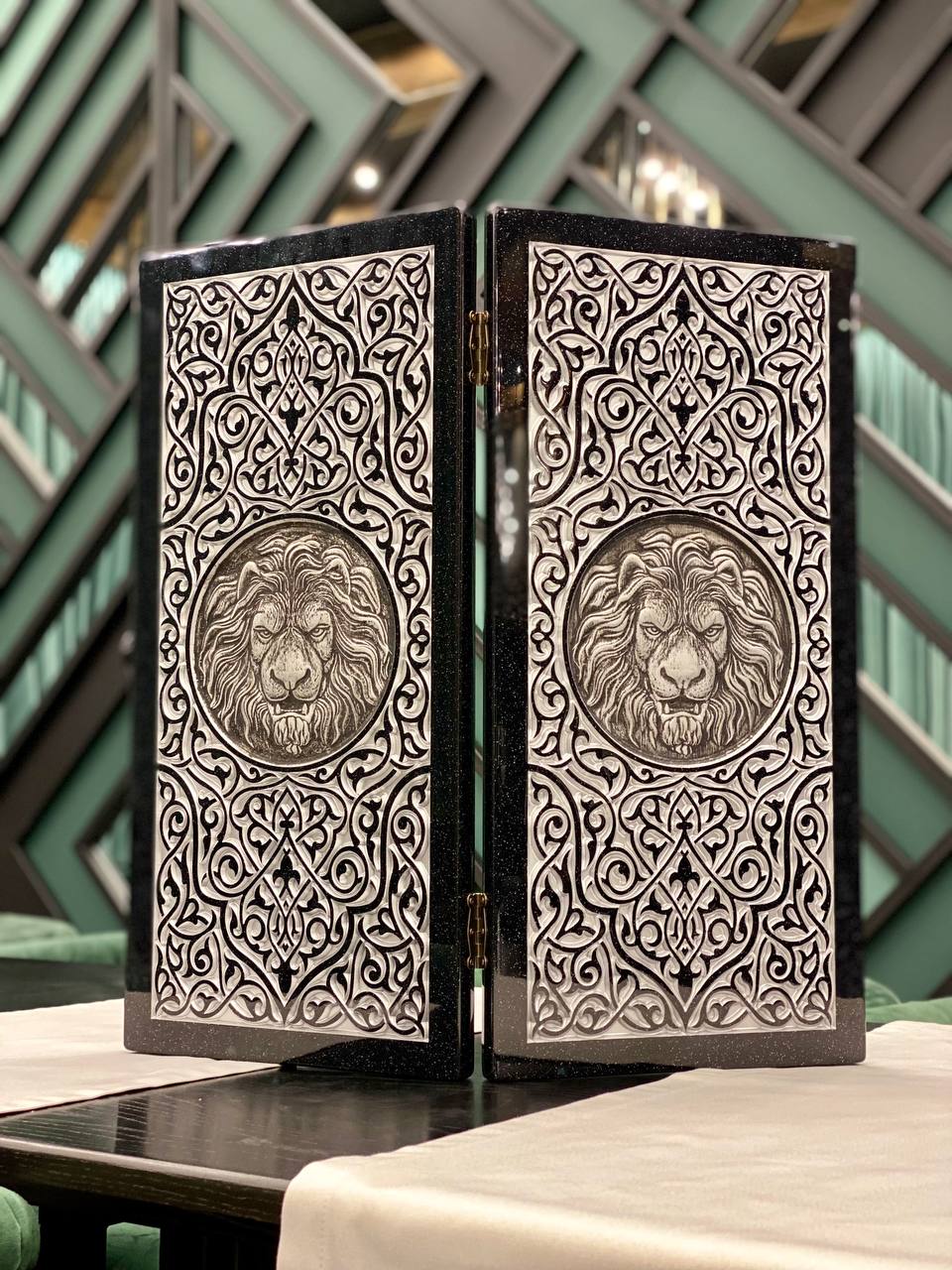 Luxury black acrylic stone backgammon "Silver Lion" 58×28cm, stone board Gift-ready